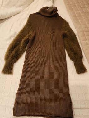 Fuzzy Sleeve Knit Turtleneck Dress — Olive Brown